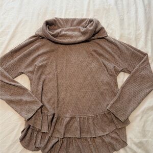 Cozy Taupe Ruffle-Hem Cowl Neck Sweater